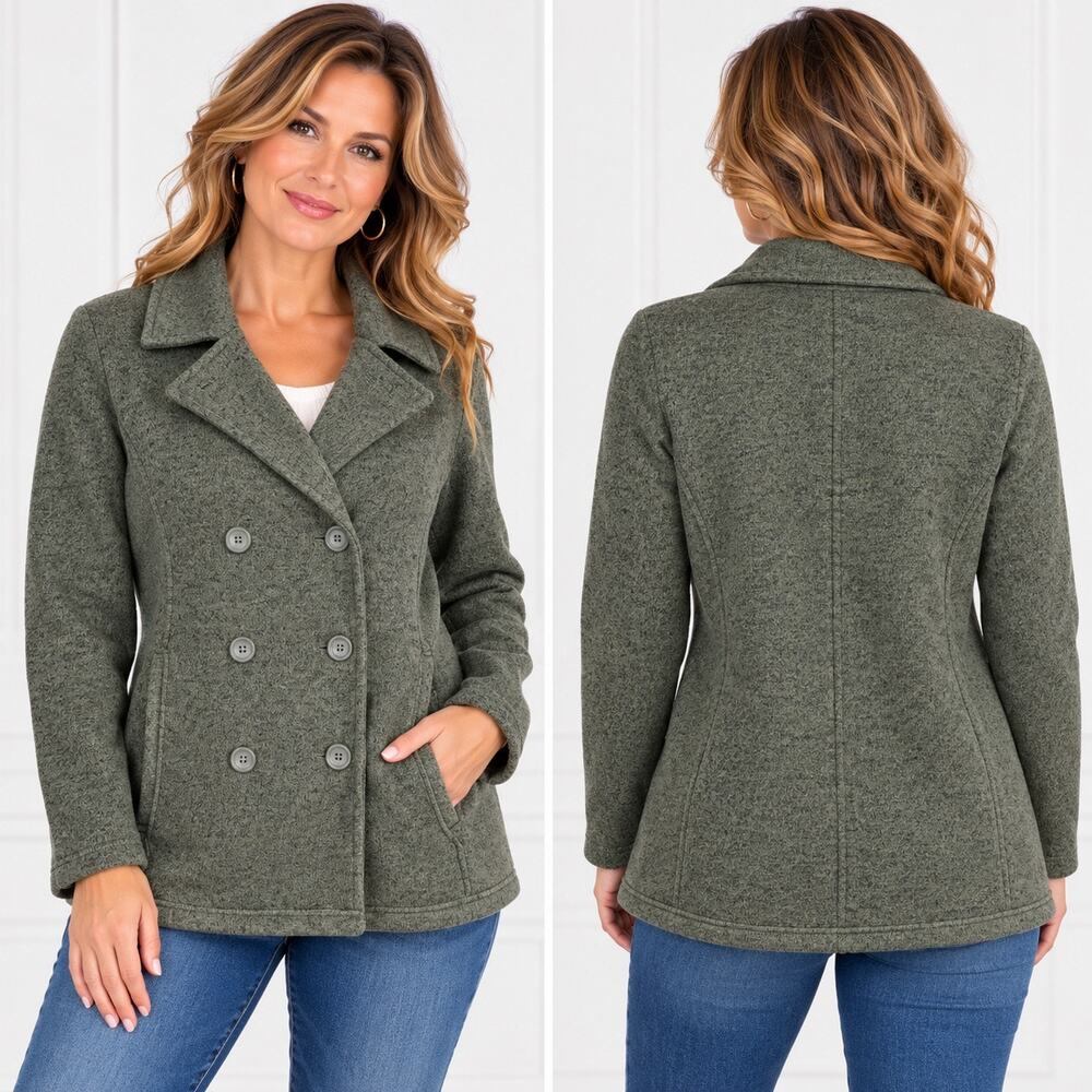 Eddie Bauer Womens Double Breasted Pea Coat Jacket Midweight Knit Green Medium